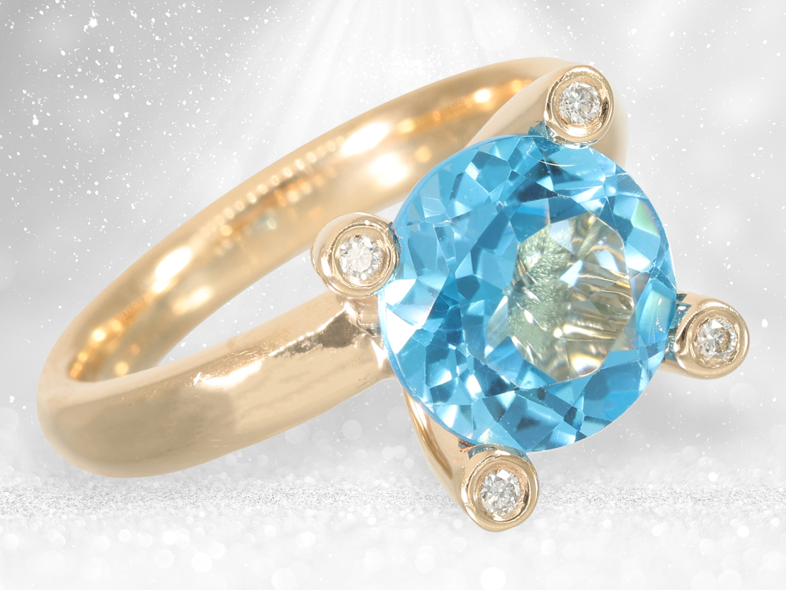 Fancy and decorative solid gold ring with beautiful blue topaz and brilliant-cut diamonds - Image 3 of 4