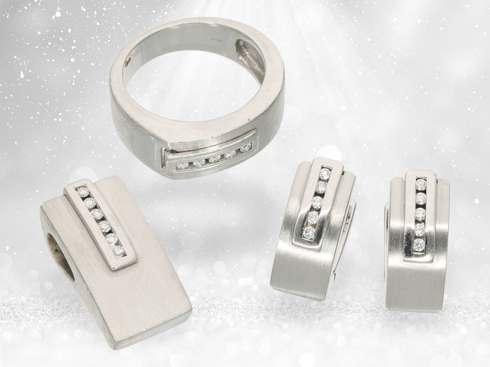 Earrings/ring/pendant: modern white gold designer jewellery set with brilliant-cut diamonds