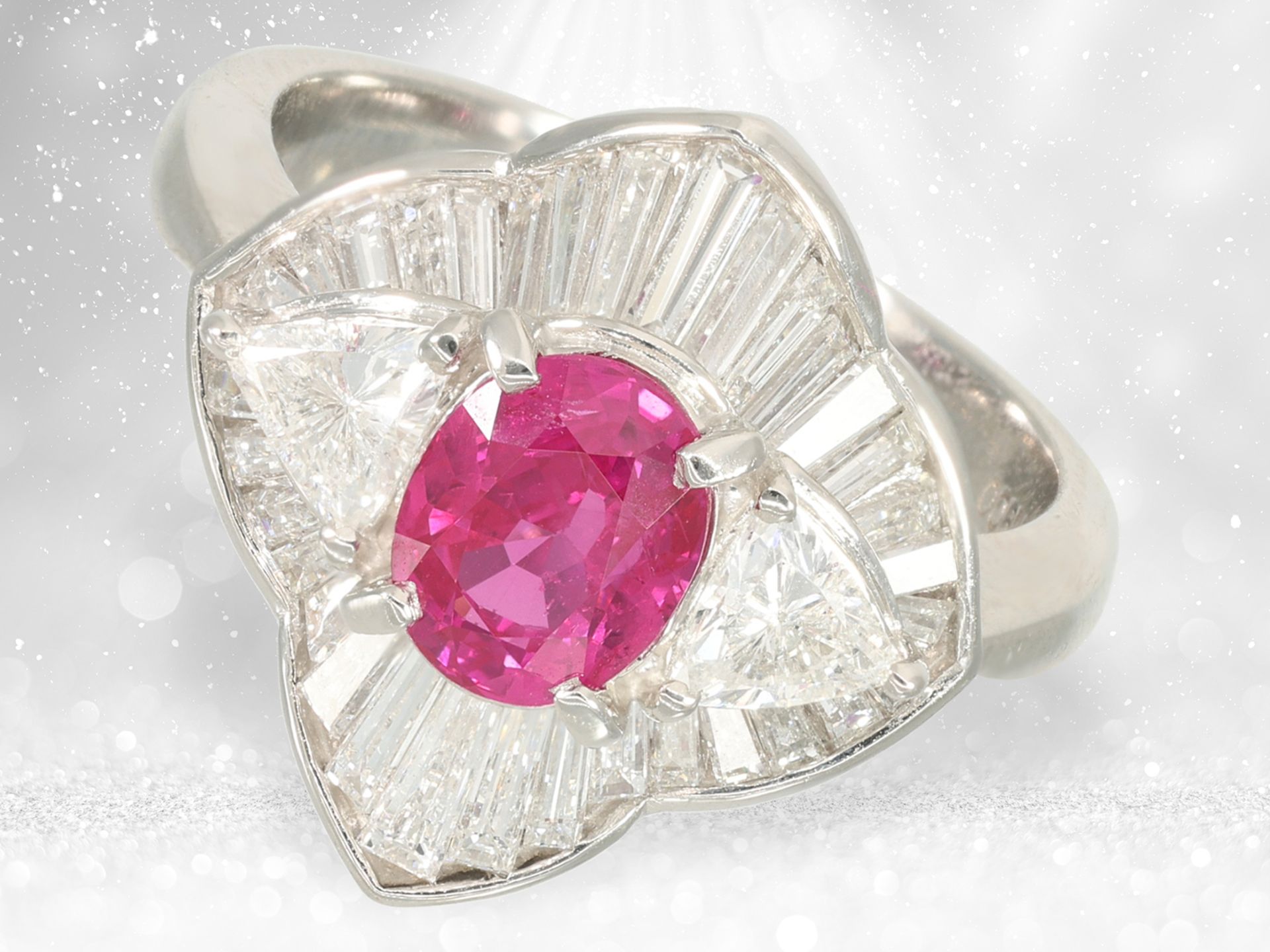 Ring: exclusive platinum ring with "Vivid Pink Red" Burma rubin and precious diamond setting, IGI ce