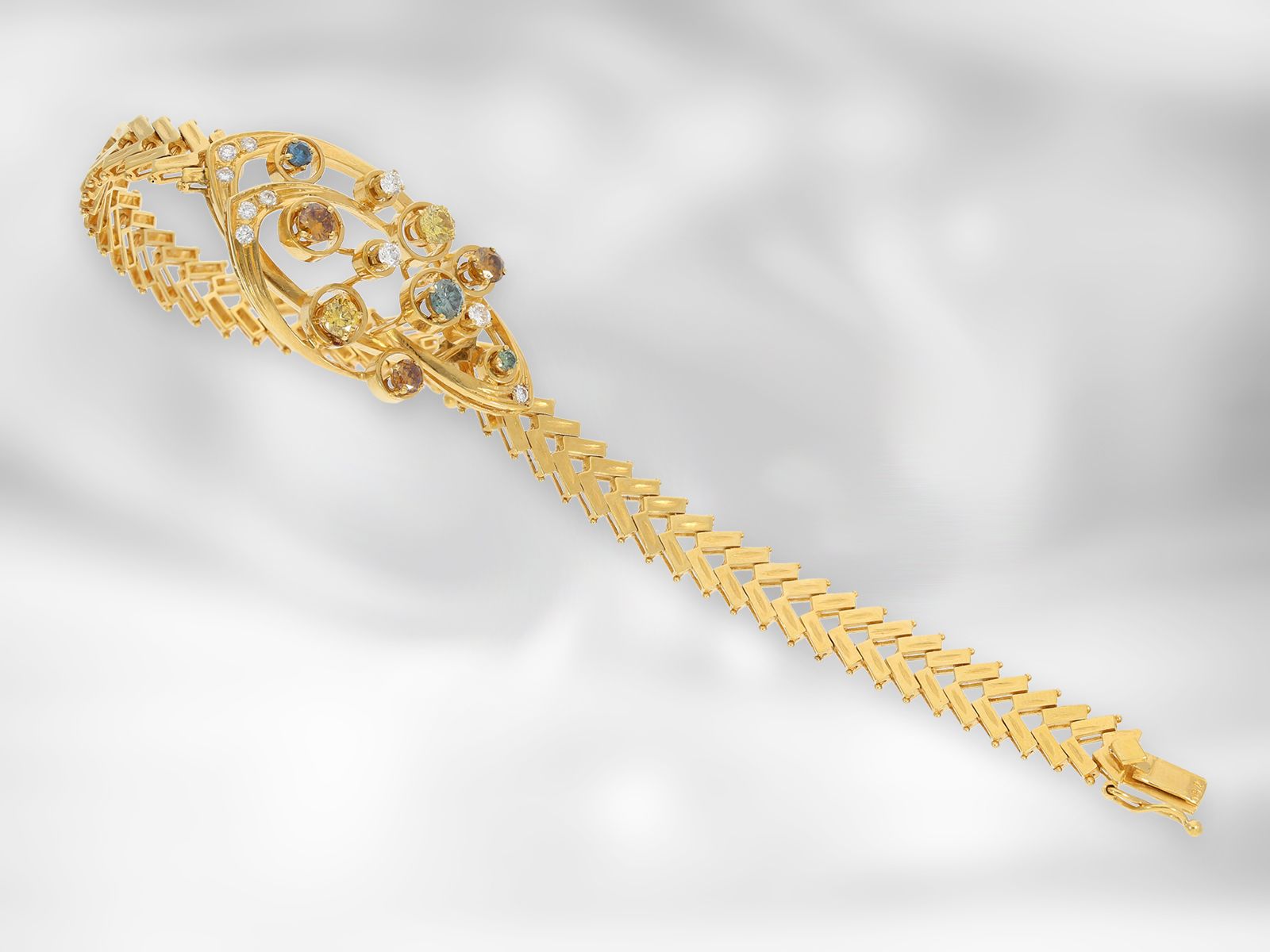 Bracelet: gold, formerly expensive vintage designer bracelet with coloured and white brilliant-cut d