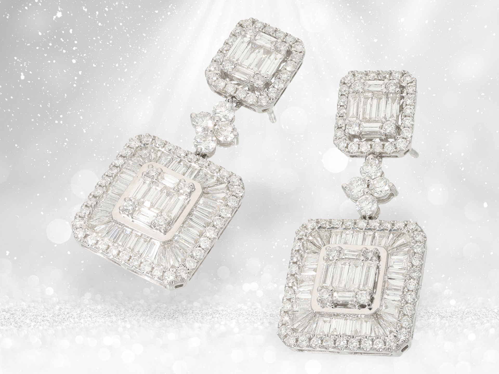 Earrings: exceptional diamond earrings with intricately set baguette diamonds, 3.8ct