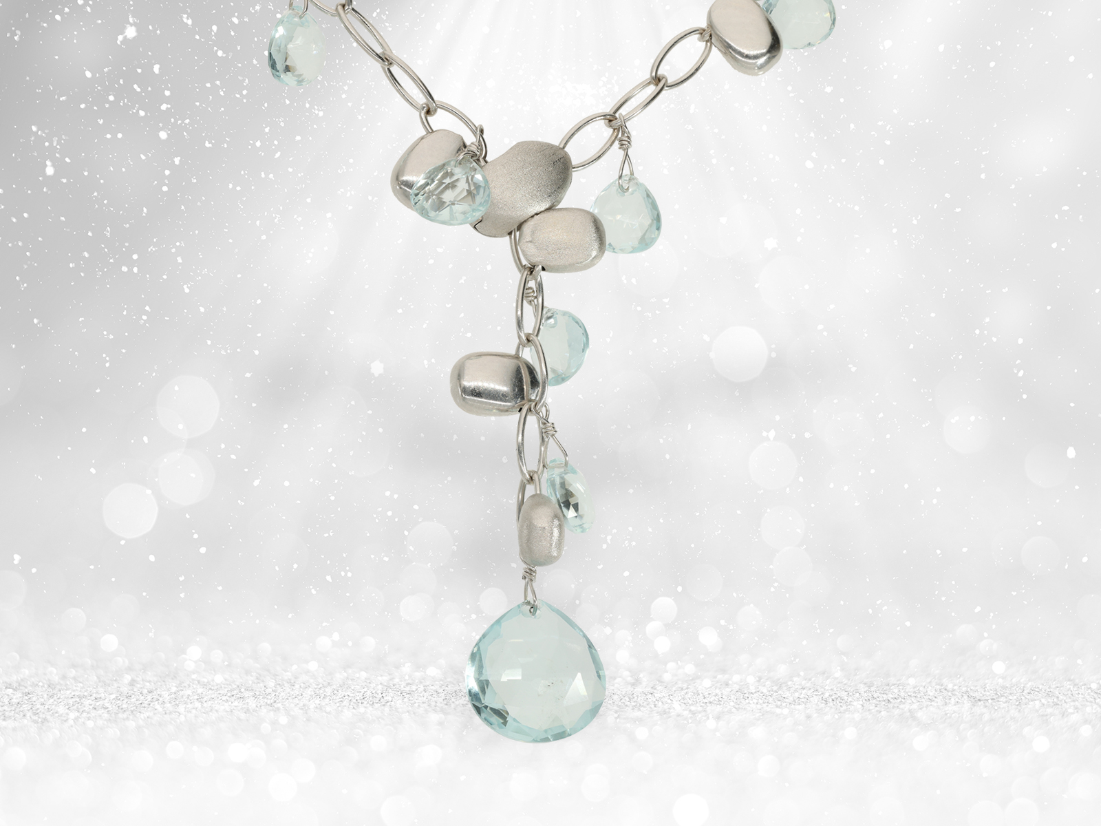 Unique white gold designer goldsmith necklace with light blue coloured stones - Image 2 of 3