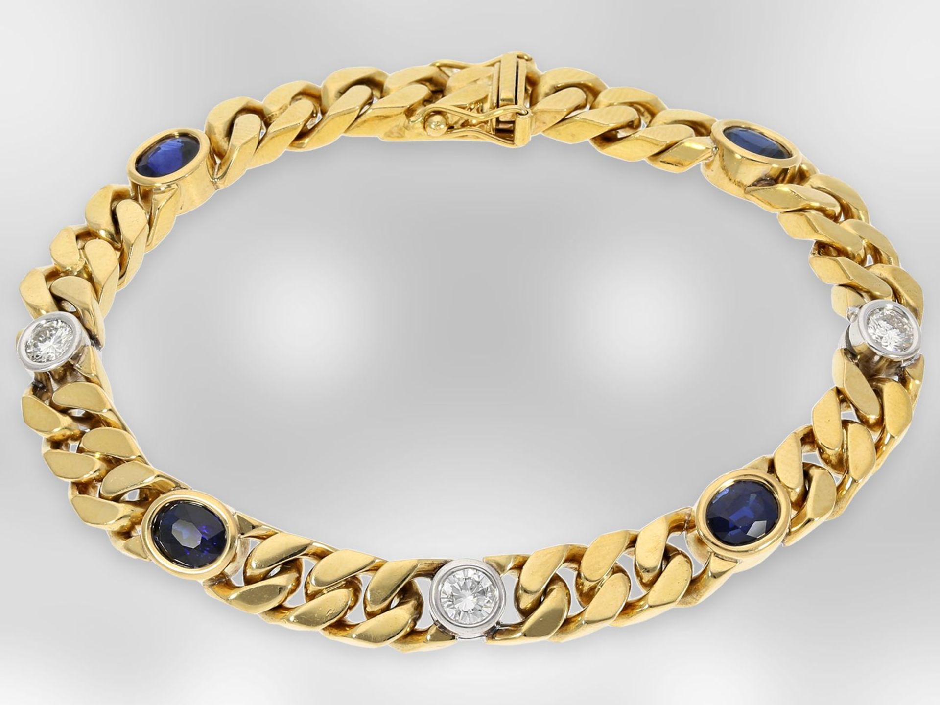 Solid goldsmith's bracelet with sapphire/brilliant-cut diamond setting, approx. 4.87 ct, signed, han