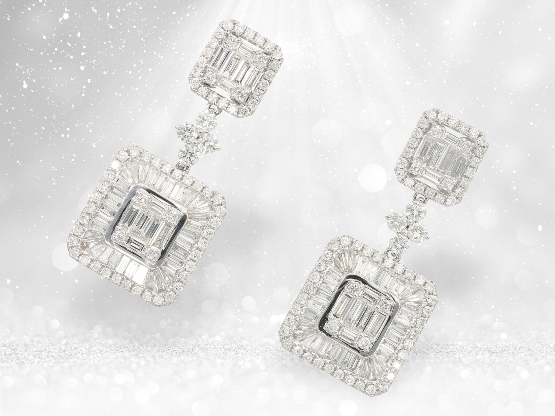 Earrings: exceptional diamond earrings with intricately set baguette diamonds, 3.8ct - Image 2 of 4