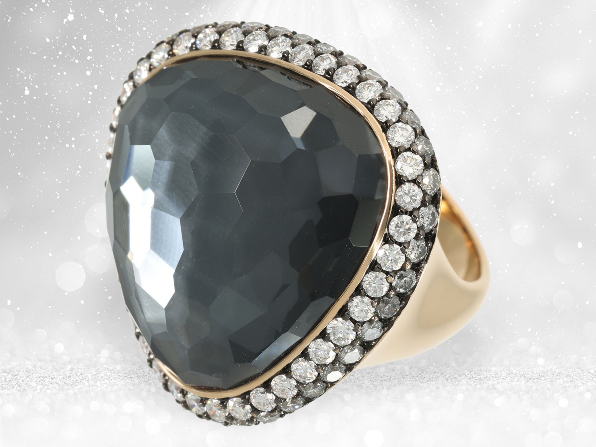 Expensive designer cocktail ring with abundant brilliant-cut diamonds and a quartz, handmade Brahmfe