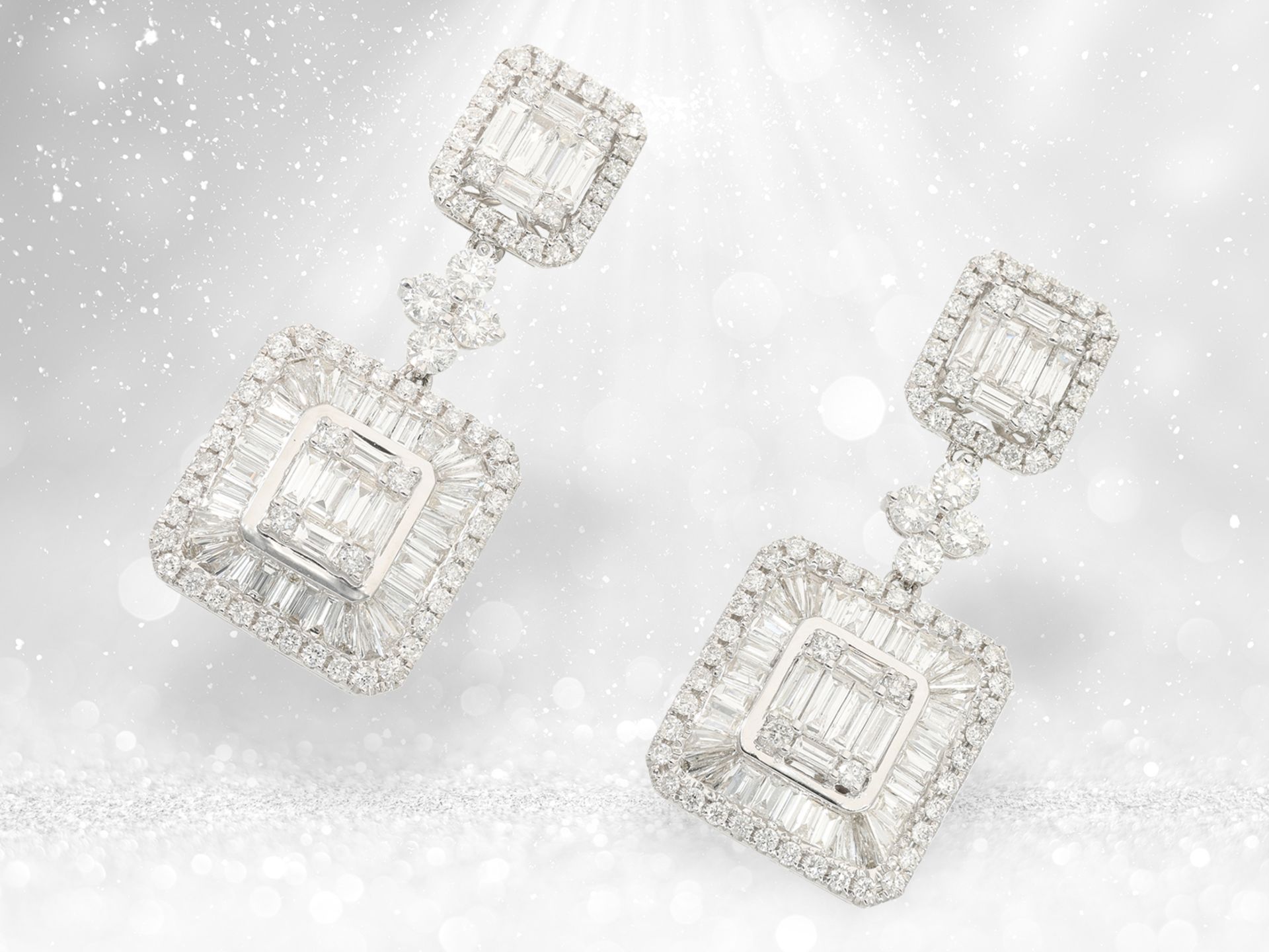 Earrings: exceptional diamond earrings with intricately set baguette diamonds, 3.8ct - Image 3 of 4