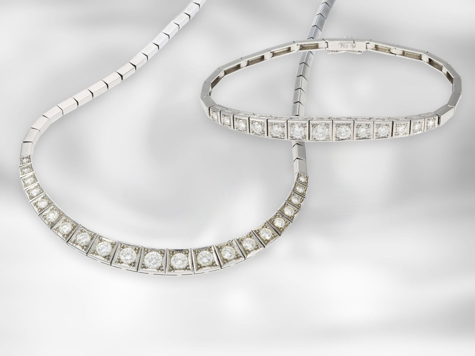 Fine vintage diamond goldsmith necklace with matching bracelet, handmade, approx. 4ct diamonds