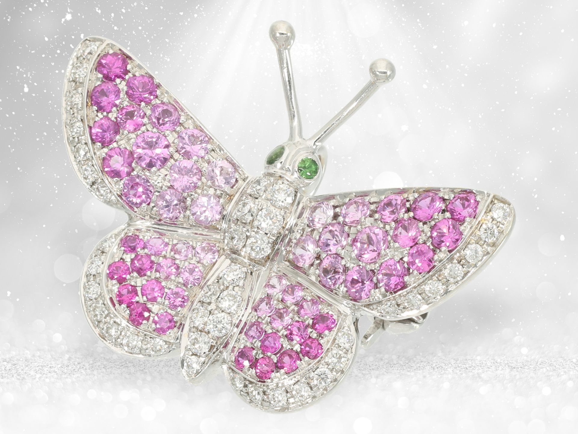 Pendant/brooch: highly refined goldsmith's pendant by Wempe "Butterfly", pink sapphires and diamonds - Image 3 of 5