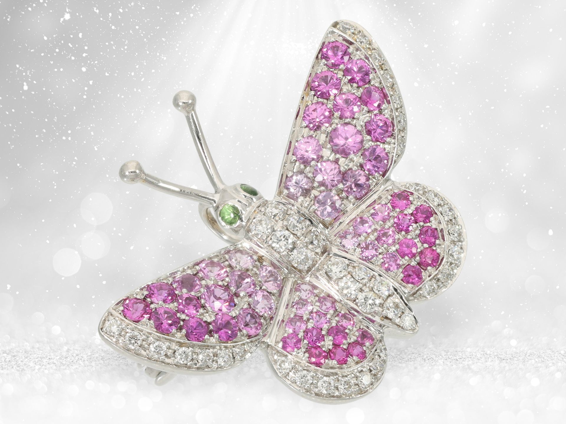 Pendant/brooch: highly refined goldsmith's pendant by Wempe "Butterfly", pink sapphires and diamonds