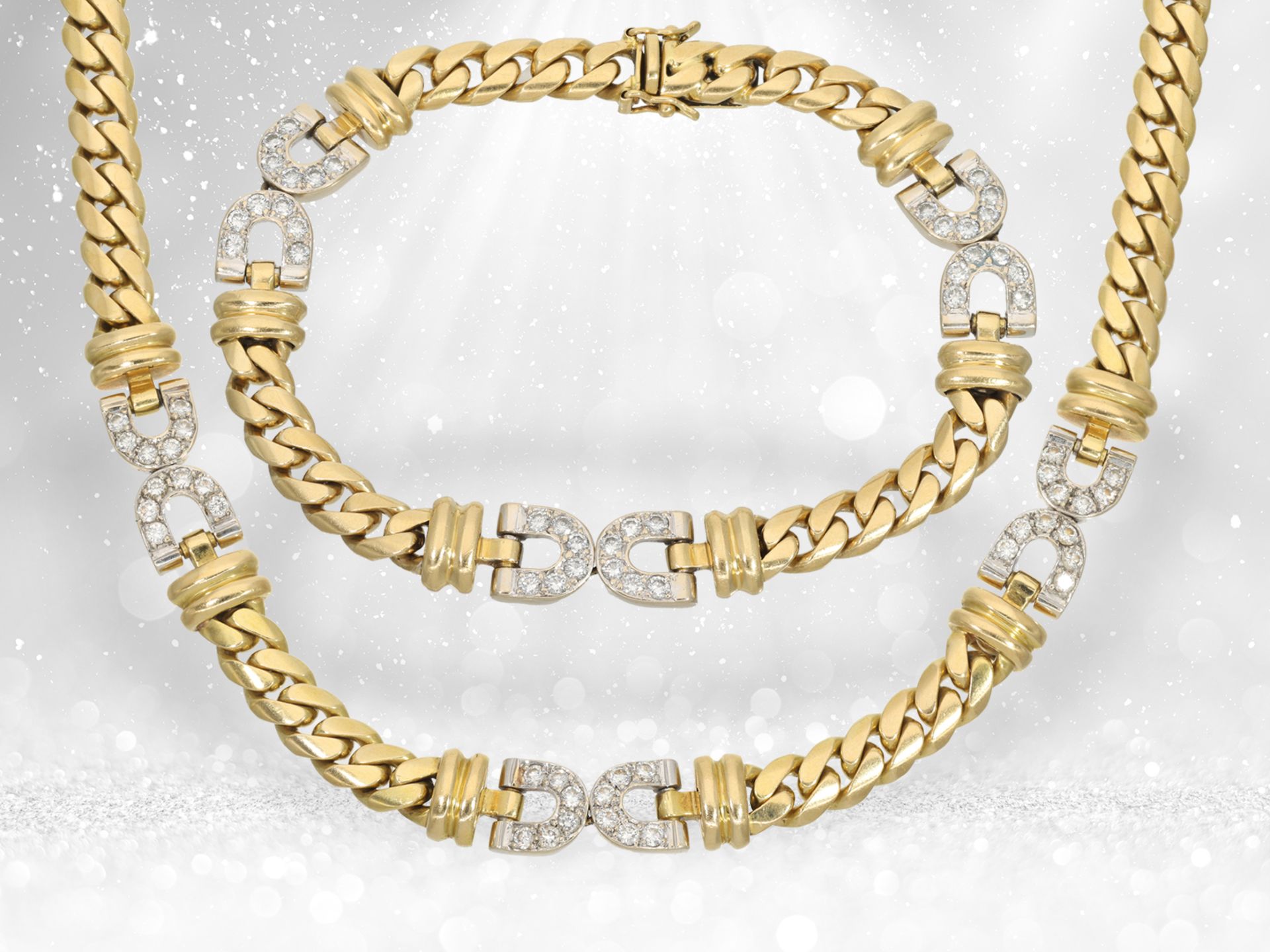 Heavy brilliant-cut diamond goldsmith's necklace with matching bracelet, handcrafted from 18K gold, 