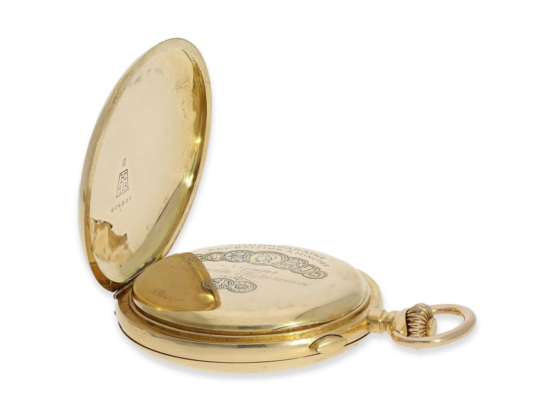 Taschenuhr: außergewöhnlich große und schwere Goldsavonnette mit Minutenrepetition und Chronograph,  - Bild 6 aus 14