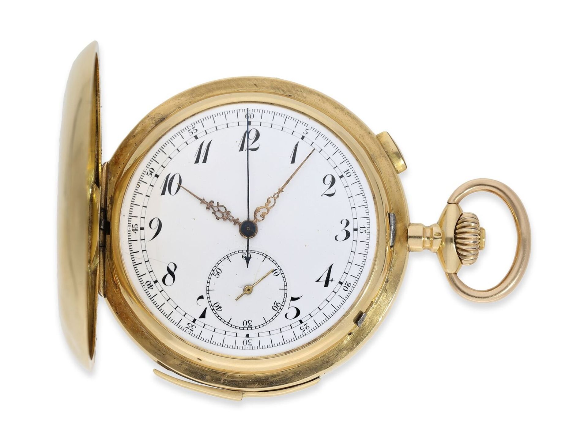 Taschenuhr: außergewöhnlich große und schwere Goldsavonnette mit Minutenrepetition und Chronograph, 