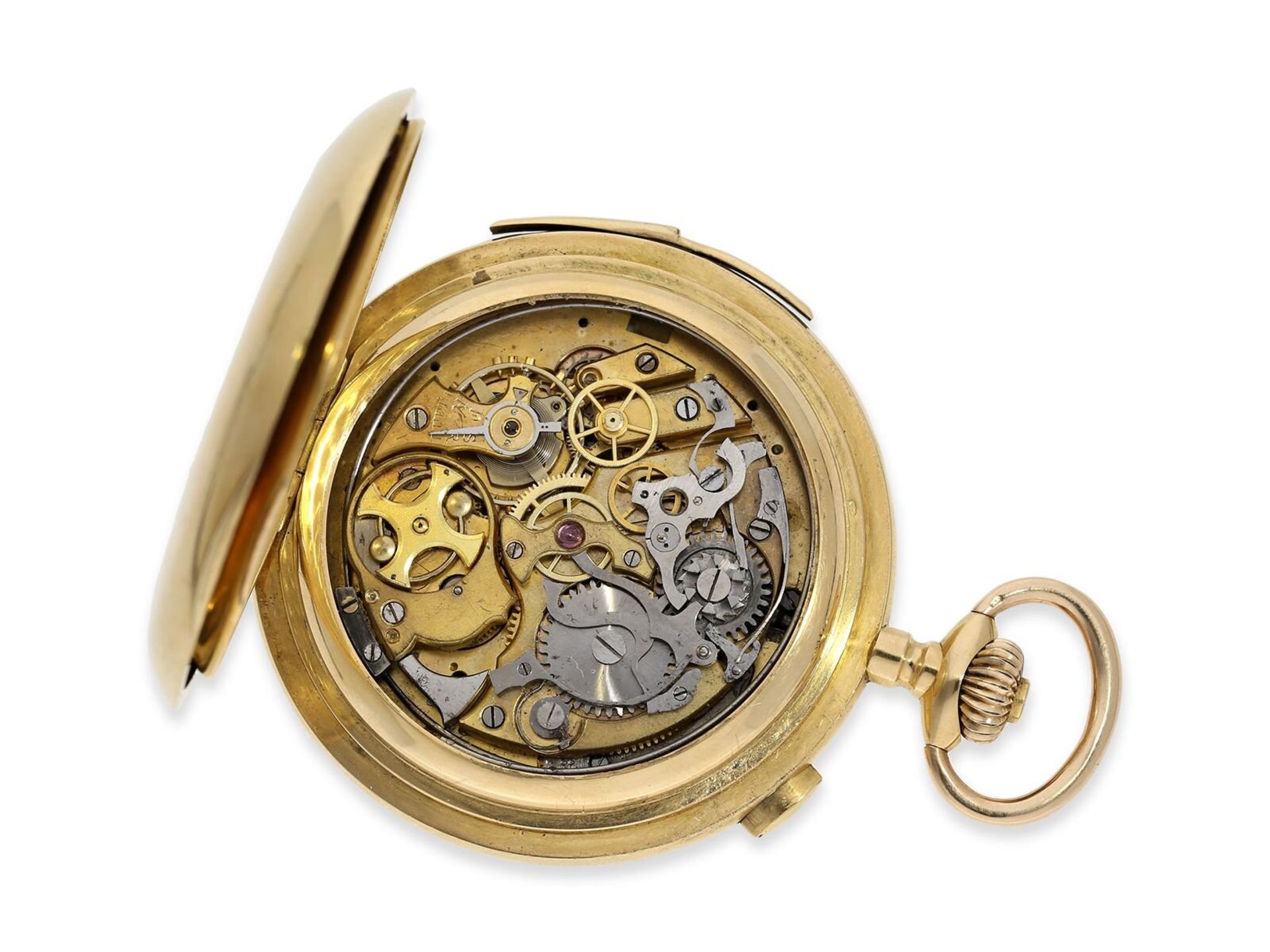 Taschenuhr: außergewöhnlich große und schwere Goldsavonnette mit Minutenrepetition und Chronograph,  - Bild 3 aus 14