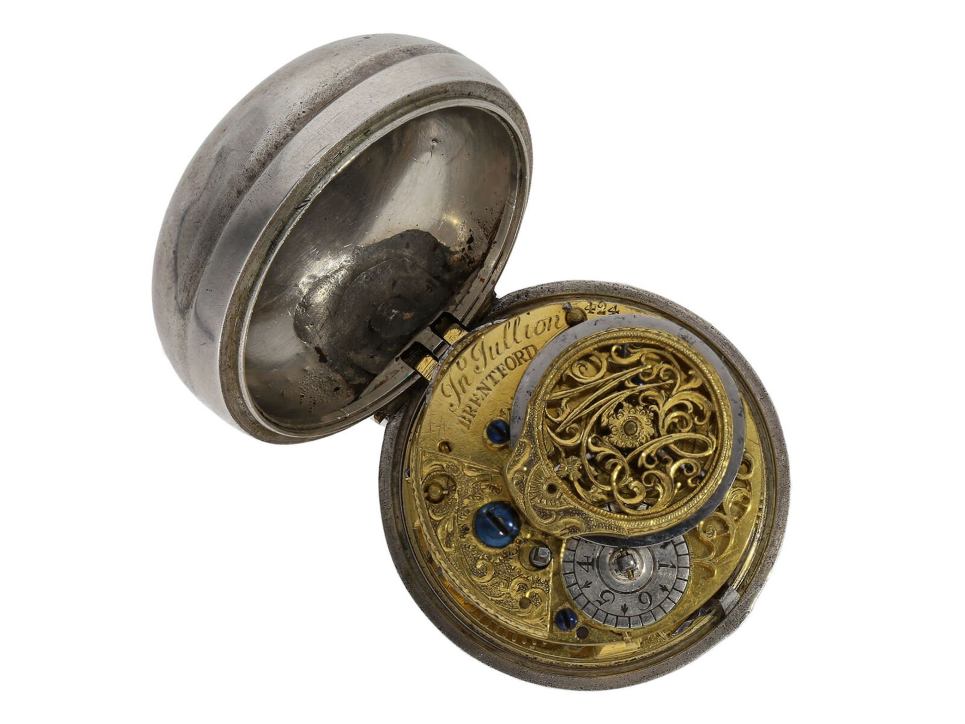 Taschenuhr: ausgesprochen schöne, frühe englische Champlevé-Doppelgehäuse-Spindeluhr, John Jullion B - Bild 3 aus 12