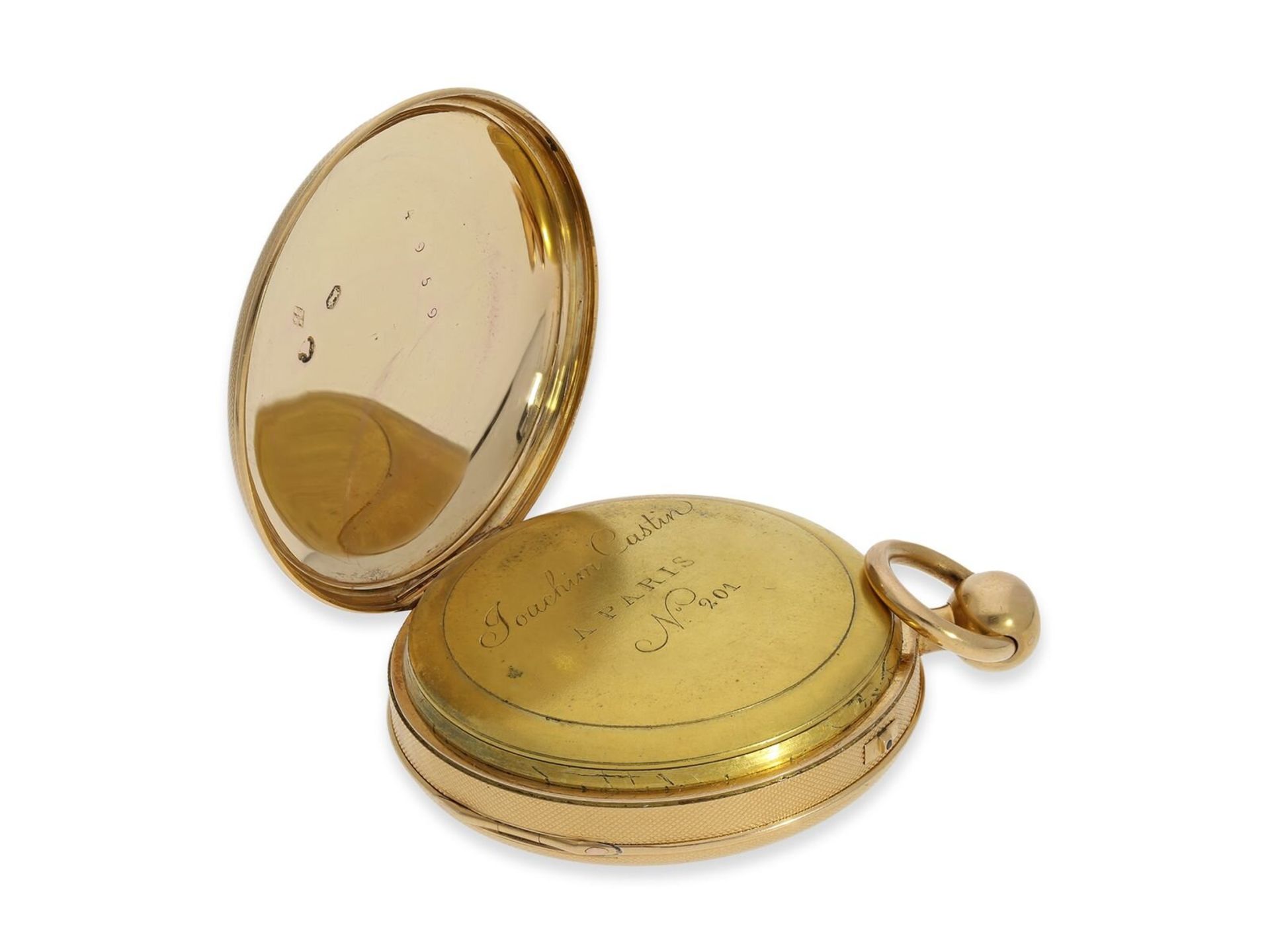 Taschenuhr: goldene Spindeluhr mit Repetition, Paris um 1820, Joachim Castin Paris No. 201 - Bild 5 aus 10