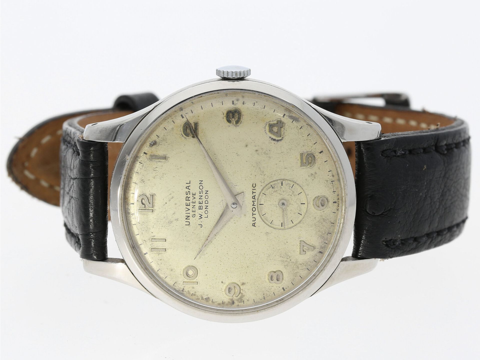 Große vintage Herrenuhr, Stahl, um 1940, Universal Geneve Ref. 20003, J.W.Benson, London - Bild 2 aus 3