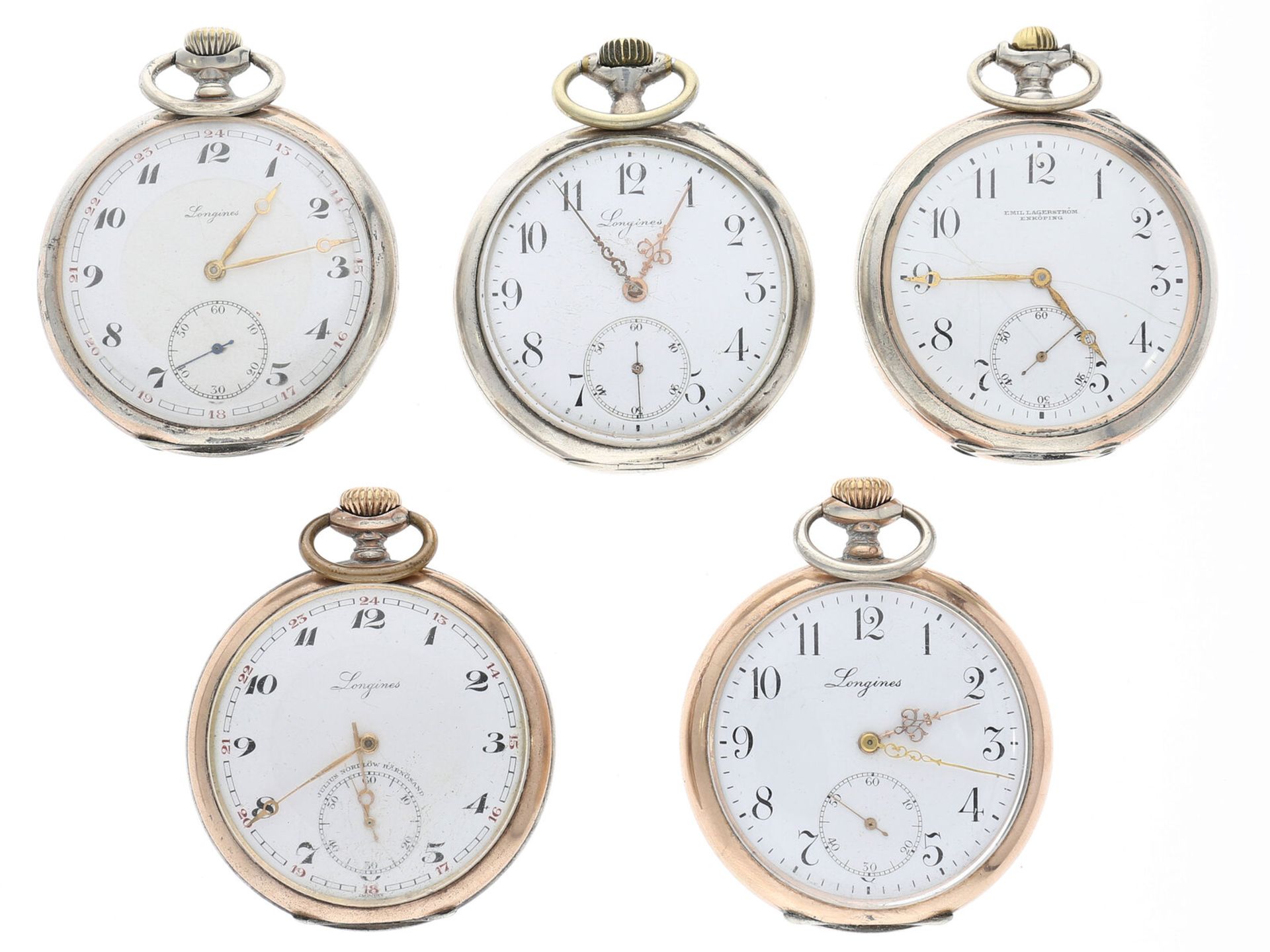 Taschenuhr: 5 silberne Herrenuhren der Marke Longines, ca. 1900-1930