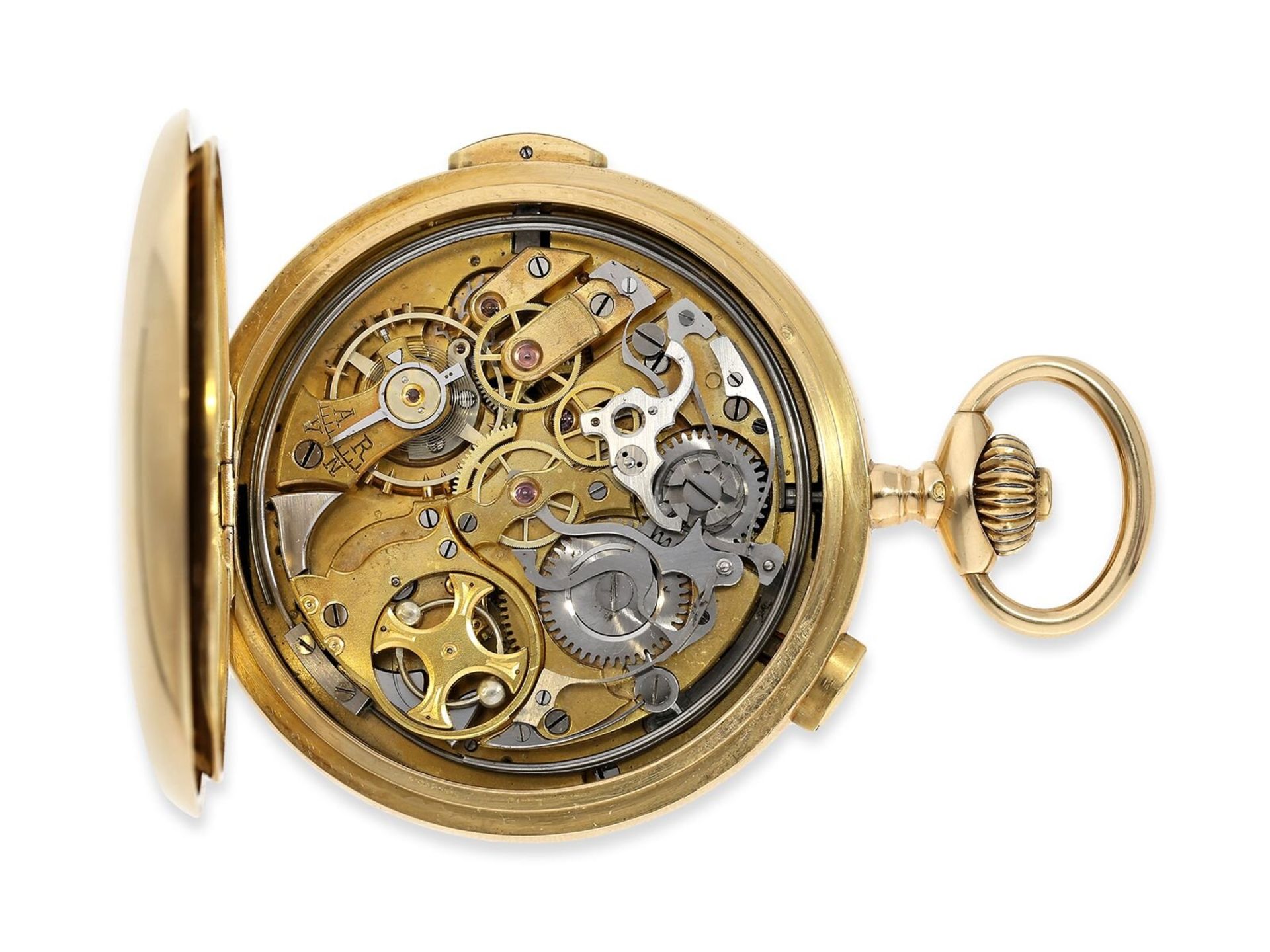 Taschenuhr: schwere rotgoldene Savonnette mit Repetition und Chronograph, 18K Gold, signiert Horloge - Image 6 of 12