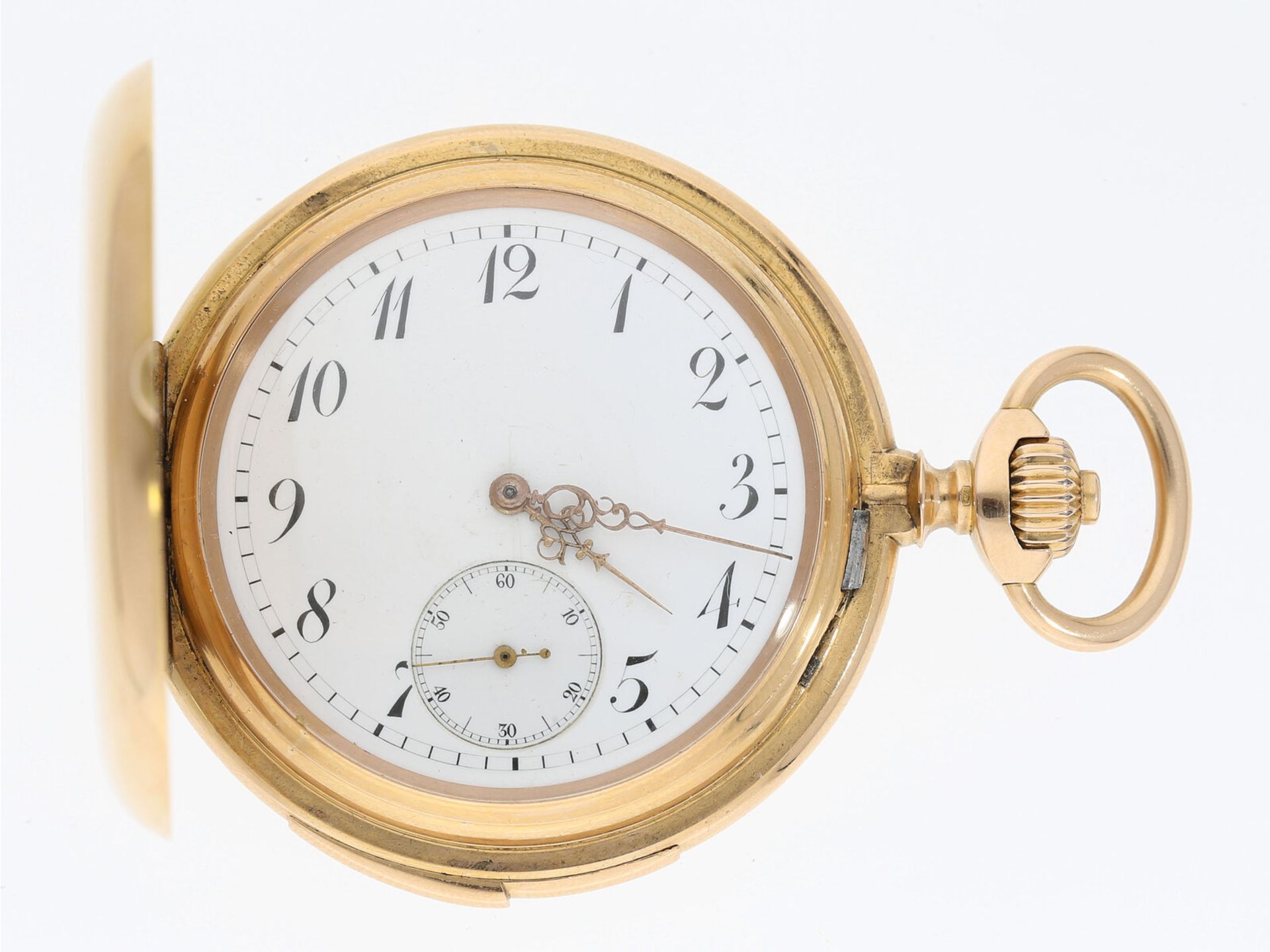 Goldene Halbsavonette, um 1900, Präzisionstaschenuhr in 18K Gold mit Viertelstunden-Repetition