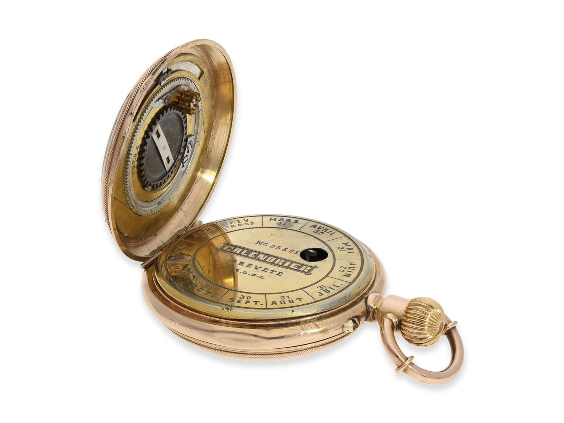 Taschenuhr: seltene doppelseitige Kalenderuhr mit Mondphase, Patent "Calendrier", ca. 1880 - Bild 7 aus 9