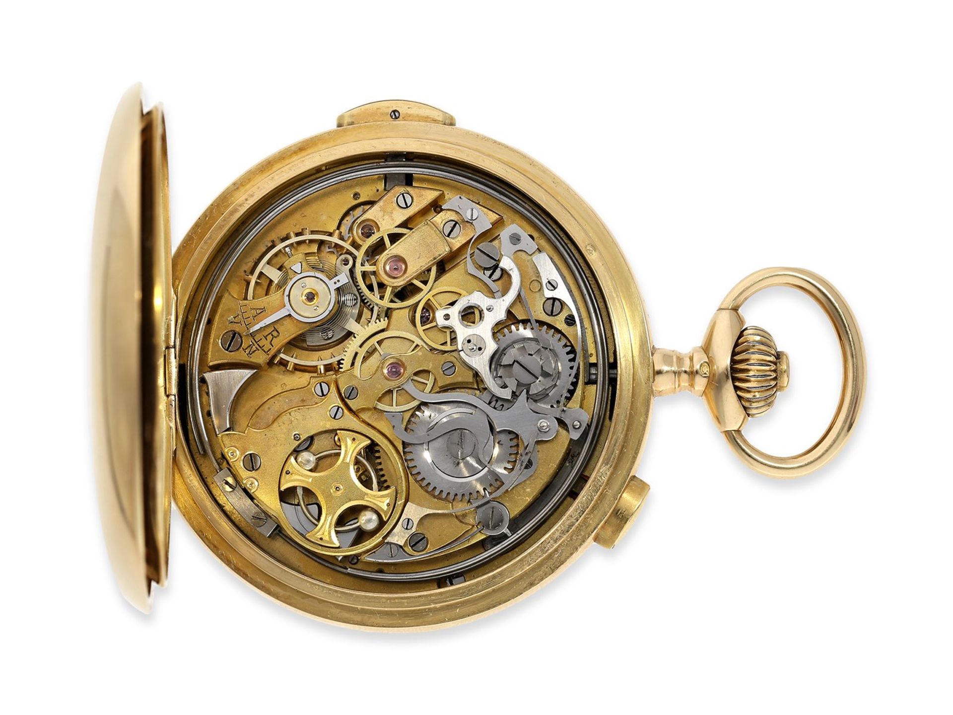 Taschenuhr: schwere rotgoldene Savonnette mit Repetition und Chronograph, 18K Gold, signiert Horloge - Image 7 of 12