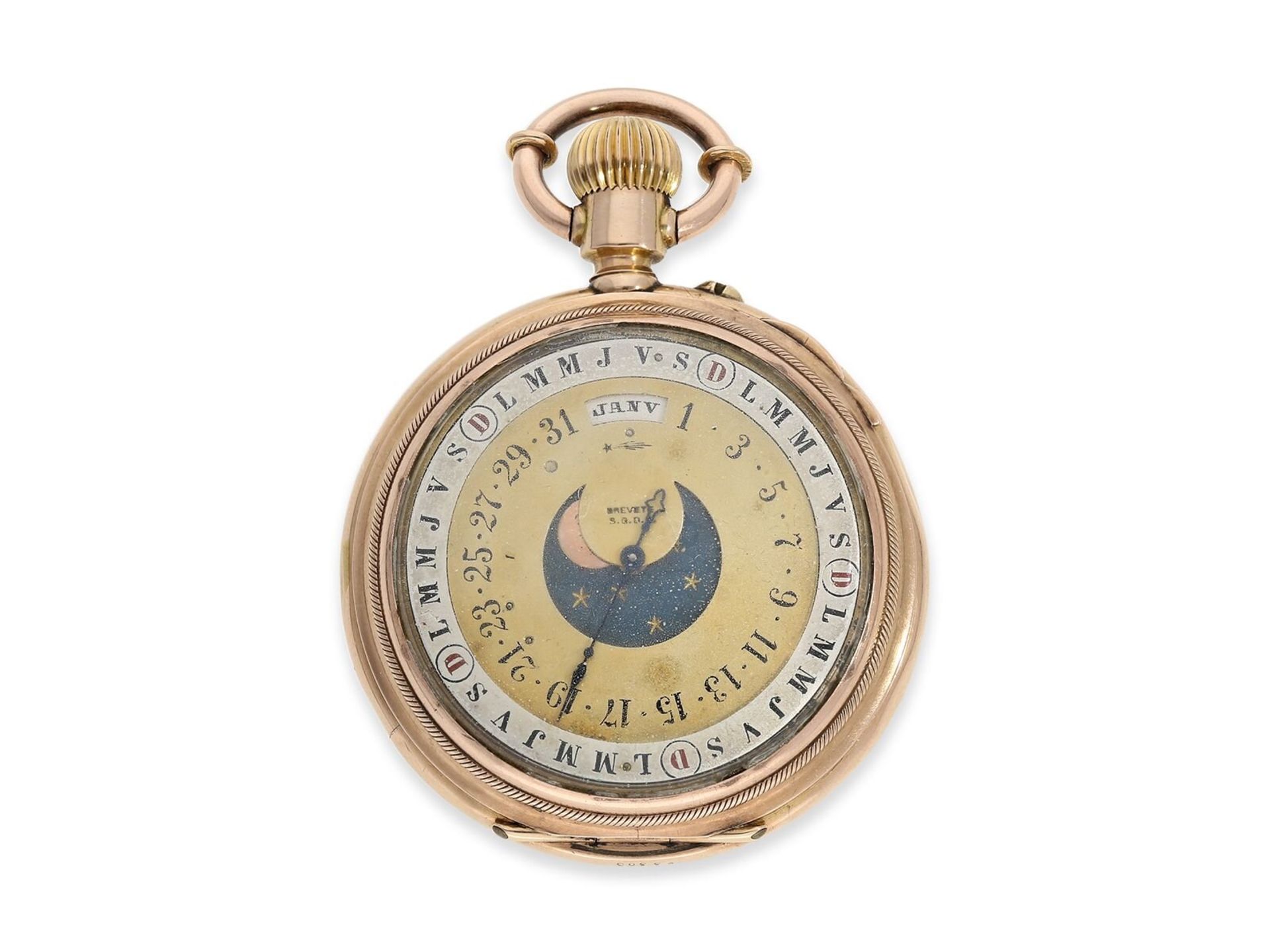 Taschenuhr: seltene doppelseitige Kalenderuhr mit Mondphase, Patent "Calendrier", ca. 1880