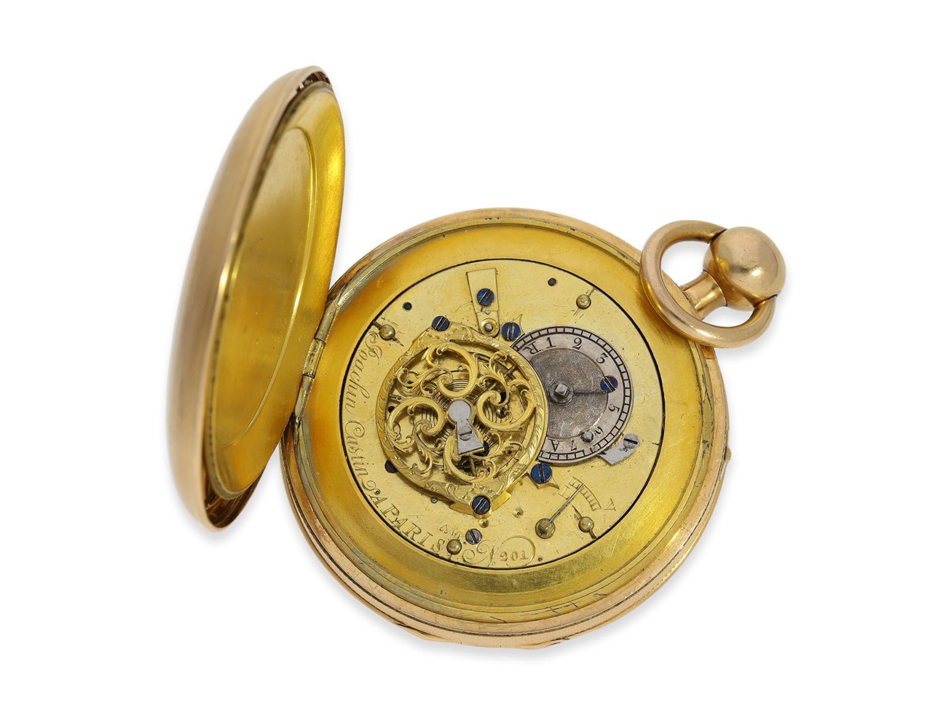 Taschenuhr: goldene Spindeluhr mit Repetition, Paris um 1820, Joachim Castin Paris No. 201 - Bild 8 aus 10