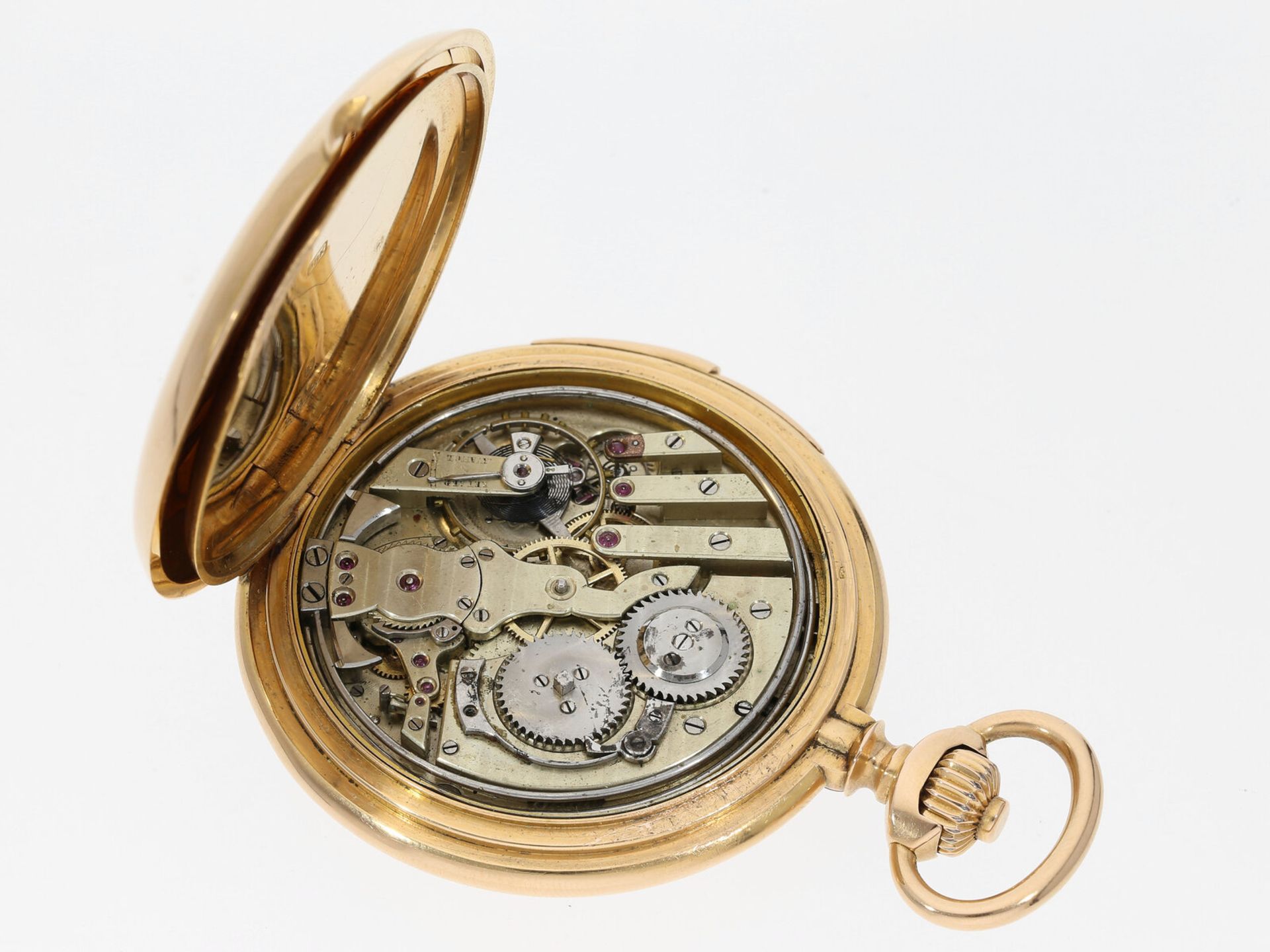 Goldene Halbsavonette, um 1900, Präzisionstaschenuhr in 18K Gold mit Viertelstunden-Repetition - Image 5 of 5