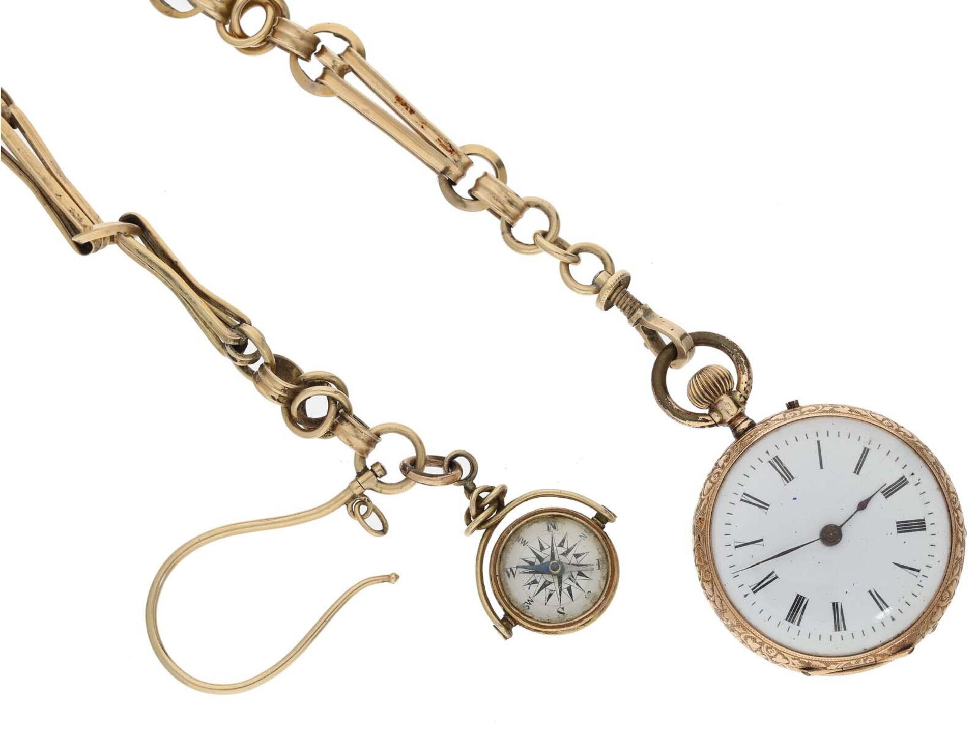 Taschenuhr: goldene Damenuhr um 1900 und seltene goldene Uhrenkette mit goldenem Kompass, ca.1900