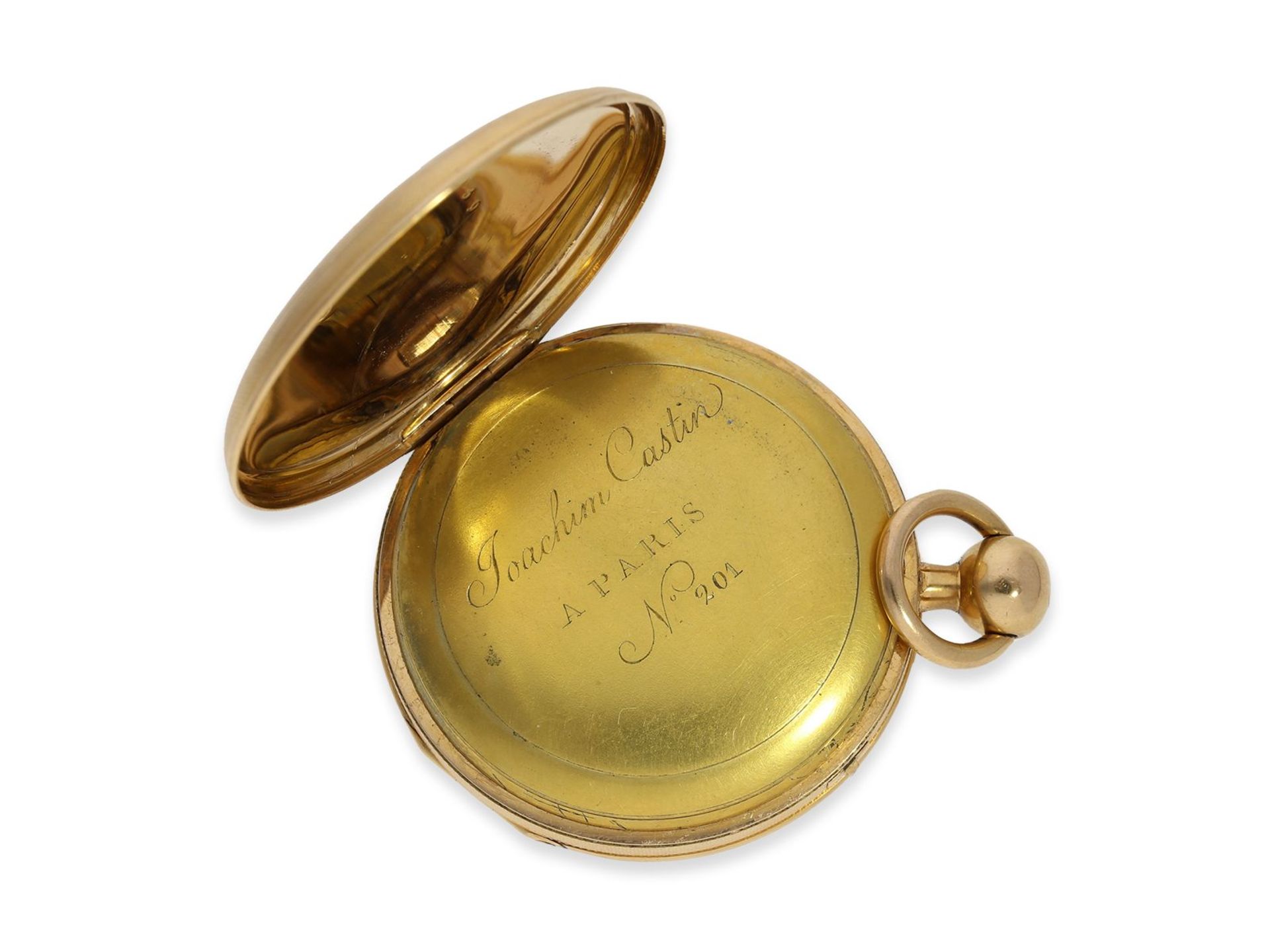 Taschenuhr: goldene Spindeluhr mit Repetition, Paris um 1820, Joachim Castin Paris No. 201 - Bild 7 aus 10