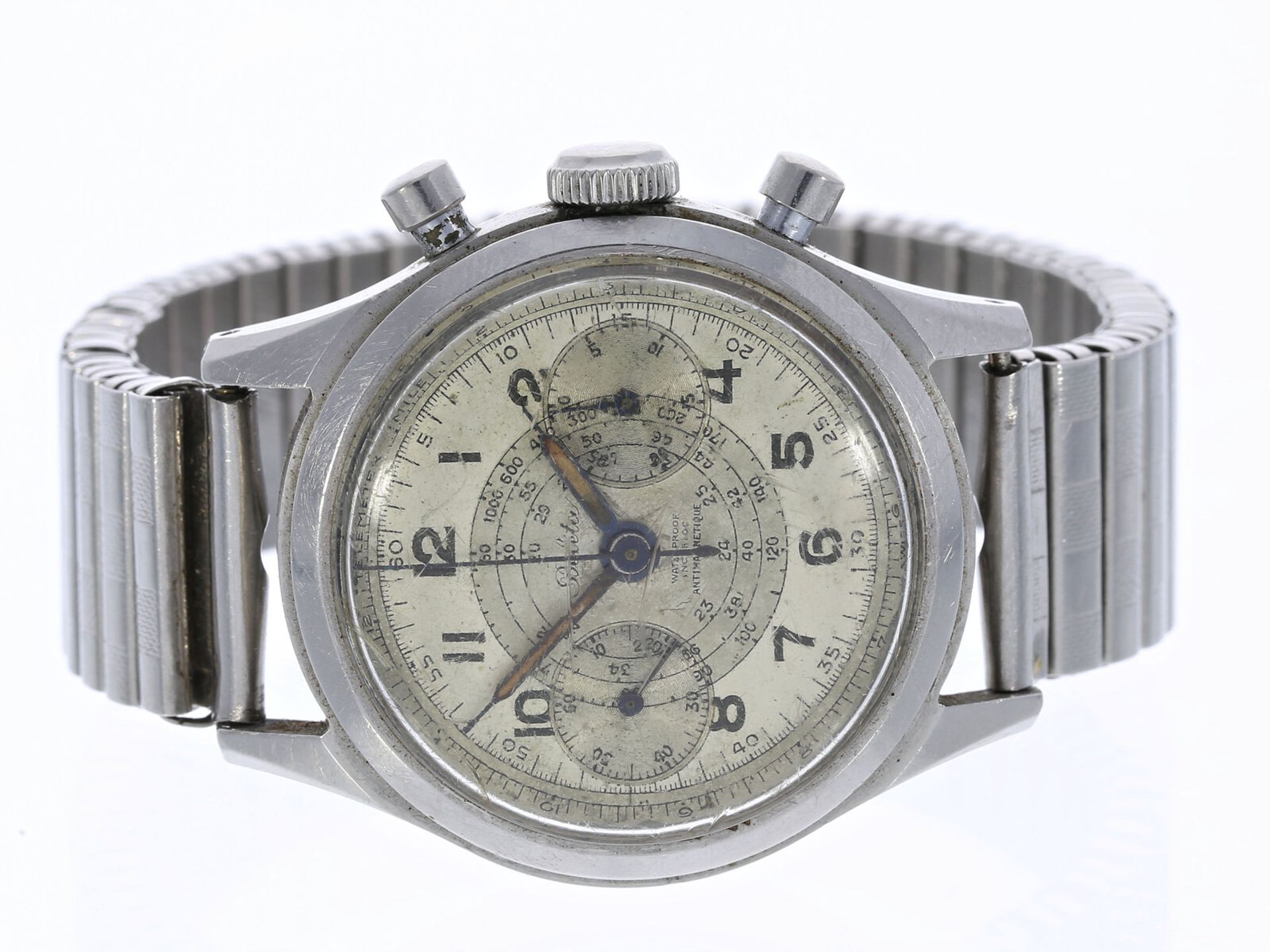 Armbanduhr: interessanter, großer antimagnetischer Chronograph in Stahl, Beleta Antimagnetique, ca.1