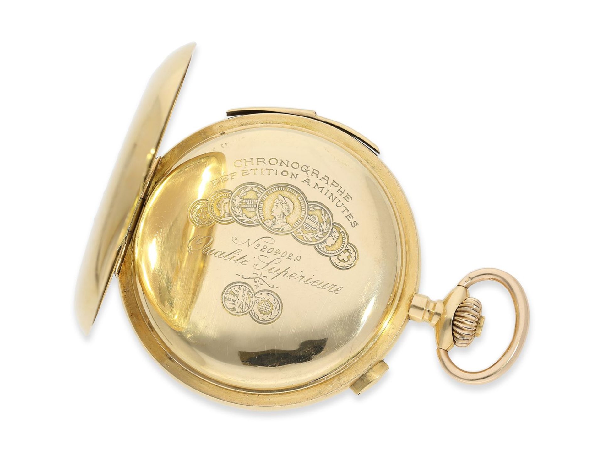 Taschenuhr: außergewöhnlich große und schwere Goldsavonnette mit Minutenrepetition und Chronograph,  - Bild 8 aus 14