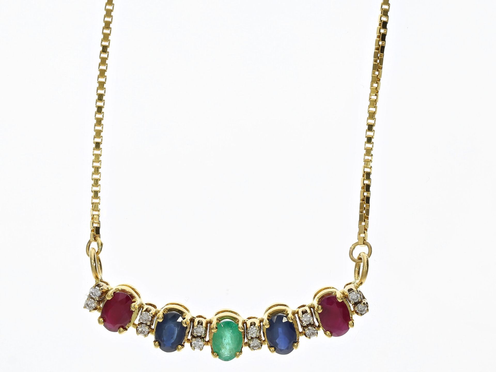 Dekoratives vintage Multicolor-Goldschmiede-Collier mit Smaragd-, Saphir- sowie Rubinbesatz und Bril