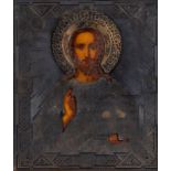 Ikone, Russland, 19. Jahrhundert, Christus Pantokrator, Silberoklad