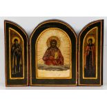 Triptychon-Ikone Christus Pantokrator und Heilige Theodosis und Sergius, Russland, 19. Jahrhundert