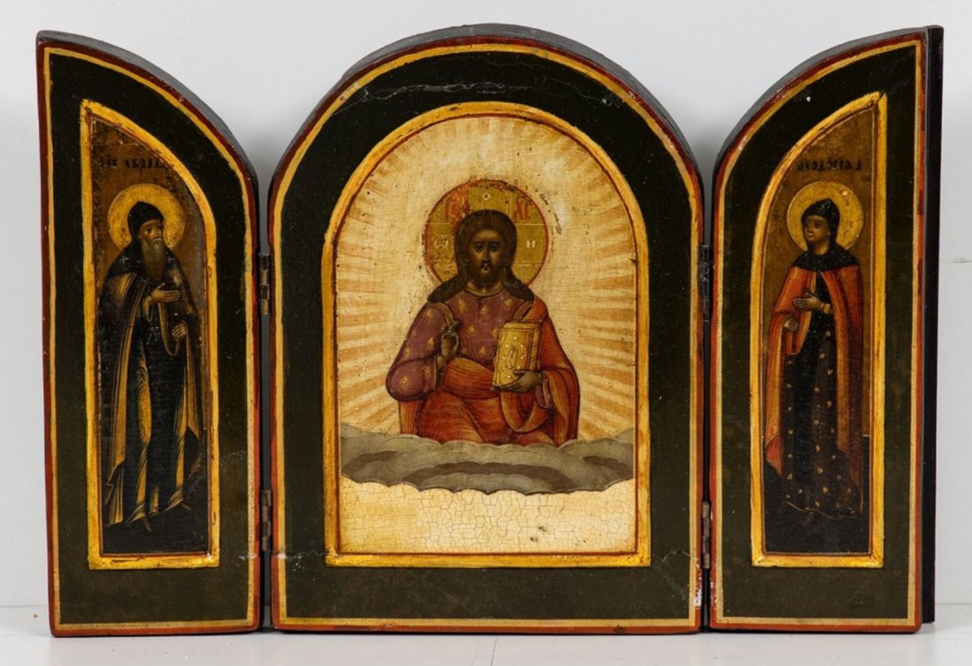 Triptychon-Ikone Christus Pantokrator und Heilige Theodosis und Sergius, Russland, 19. Jahrhundert