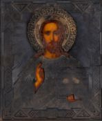 Ikone, Russland, 19. Jahrhundert, Christus Pantokrator, Silberoklad