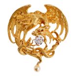 Belle Époque Drachen Anhängerbrosche mit Diamant und Orientperle