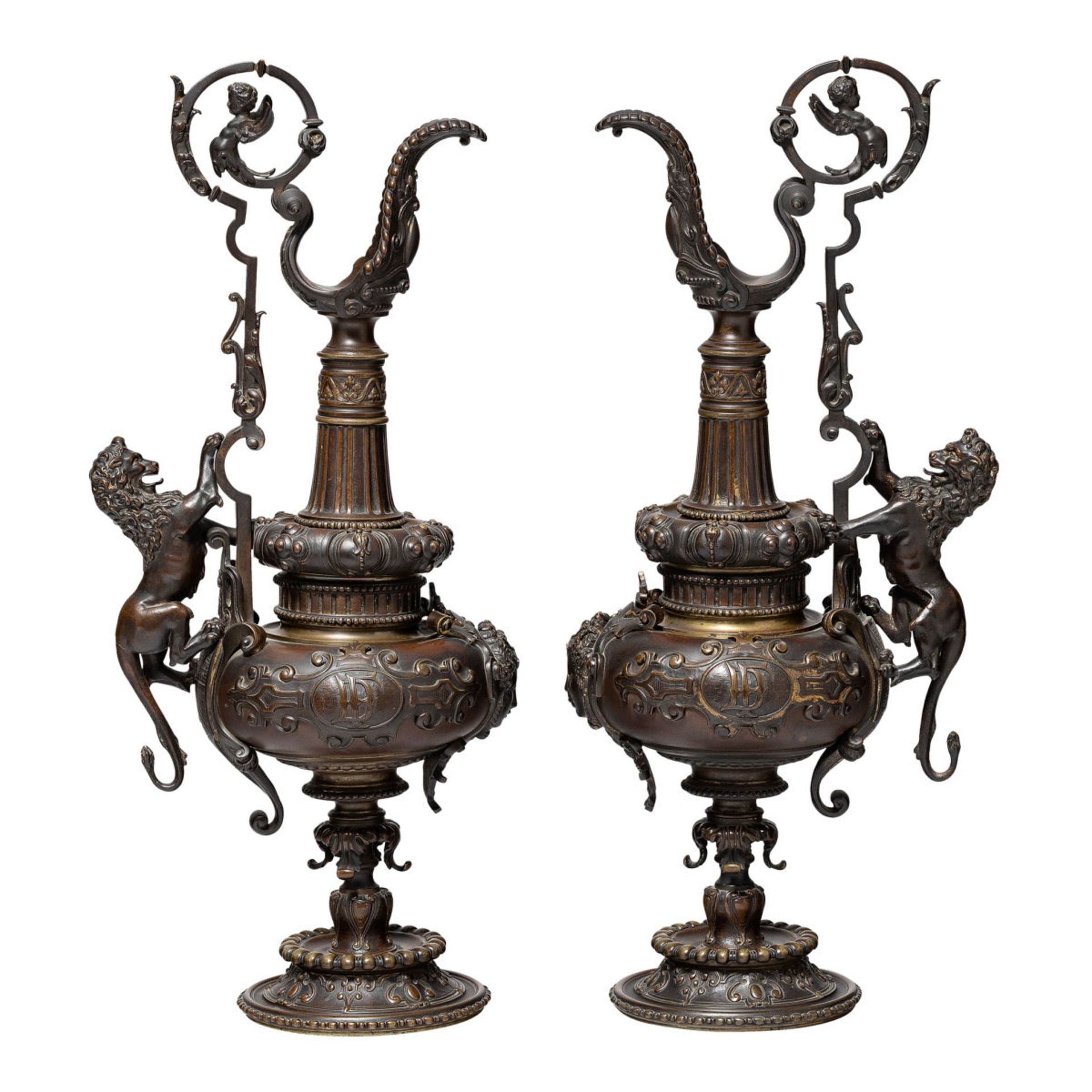 Pair of Historism decorative jugs with ascending lions