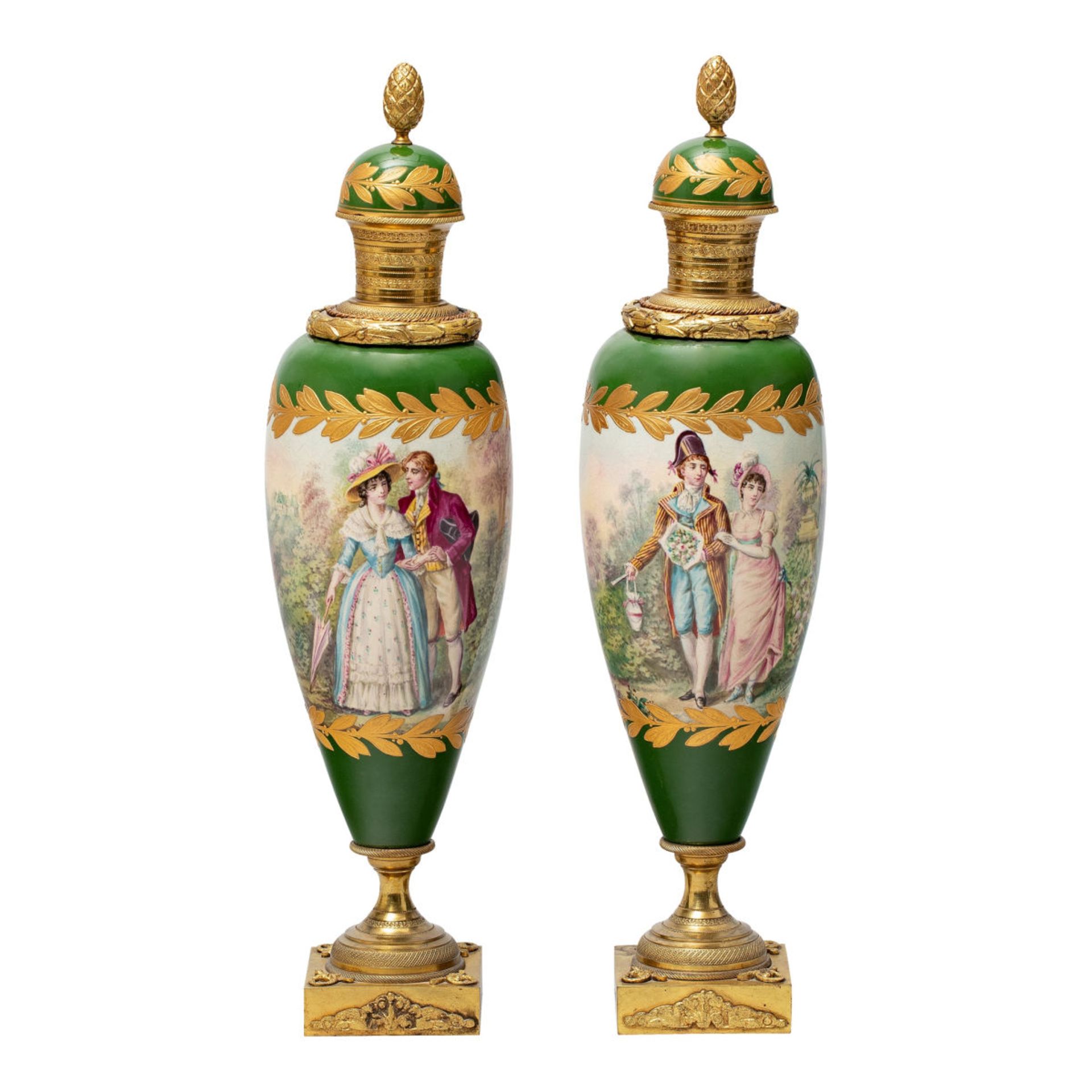 Pair of Sèvres showpiece vases with flâneurs