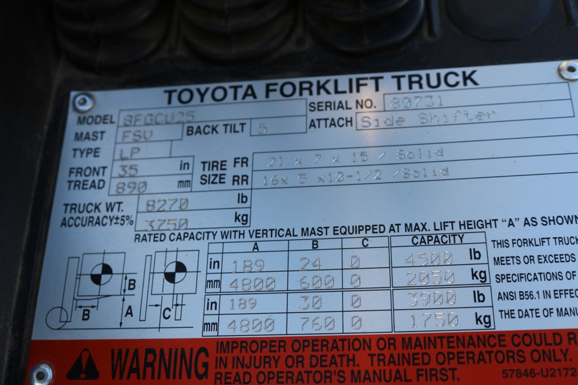 2016 Toyota Forklift Truck 4,500 lbs Capacity, 92 Hours, Side Shift, 5' Forks, Propane - Image 7 of 9