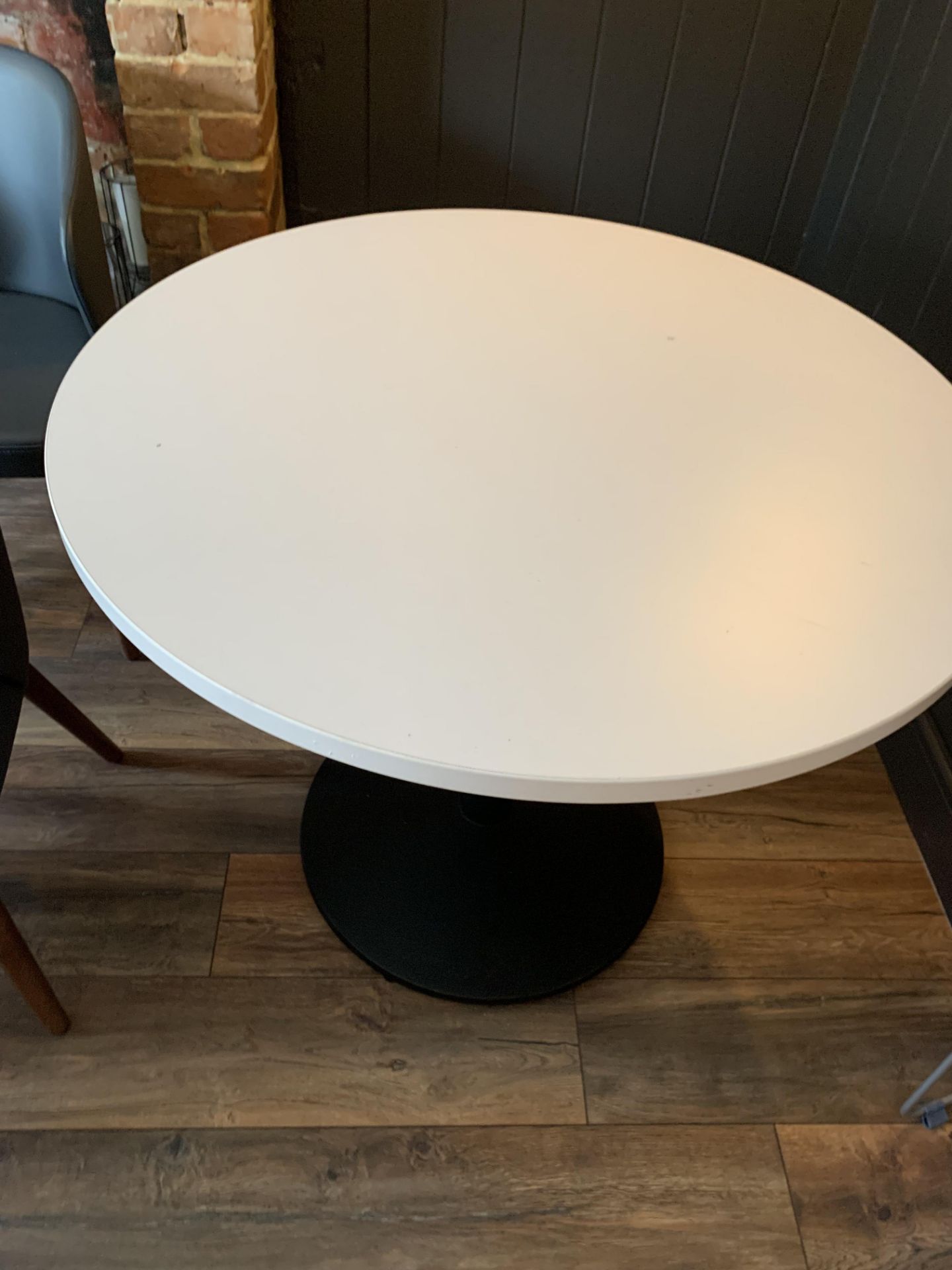 4 x Circular white top dining tables 90cm dia