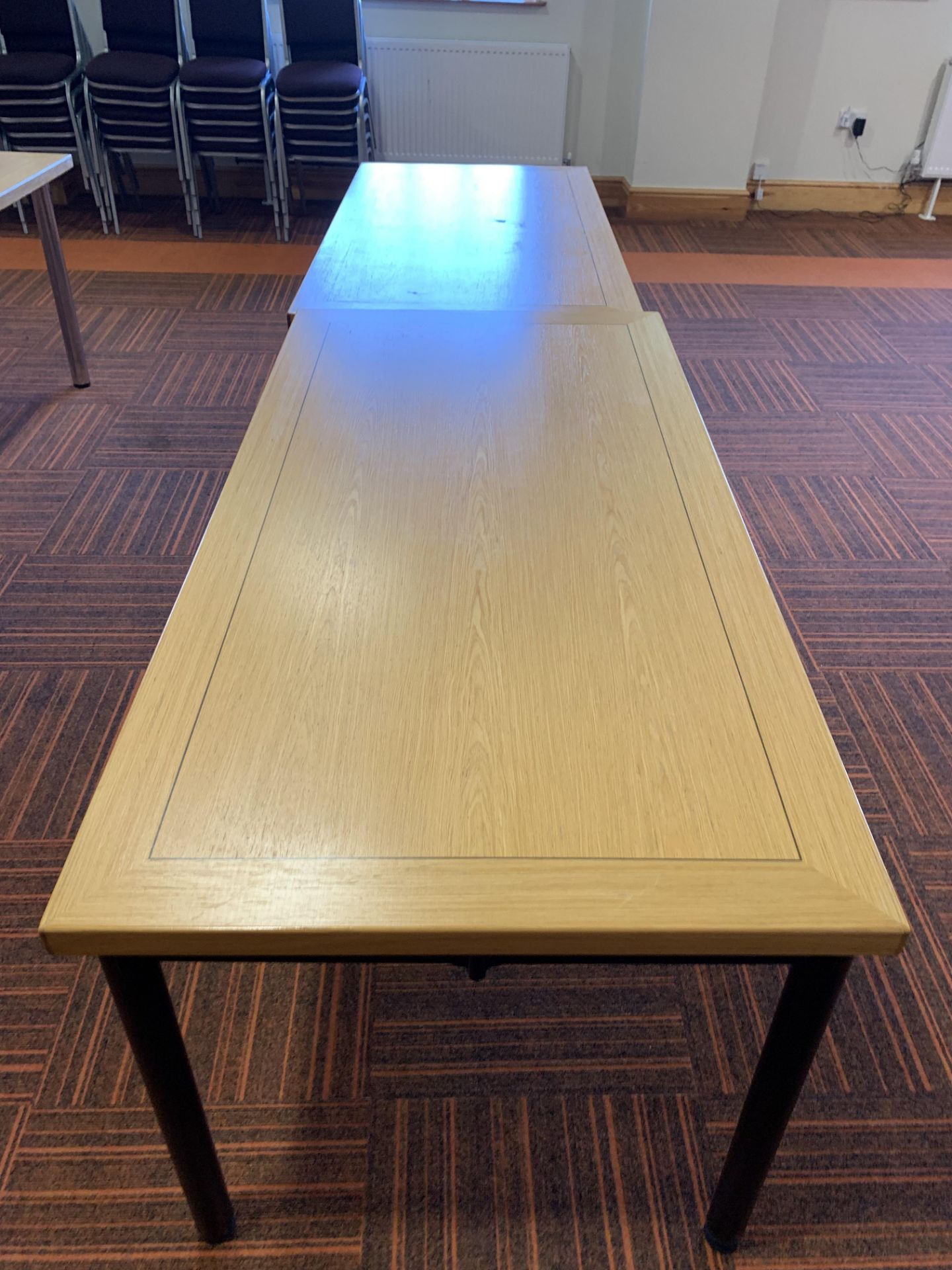8 x Oak Effect Rectangular tables & 1 curved end all with screw on legs - Image 2 of 6