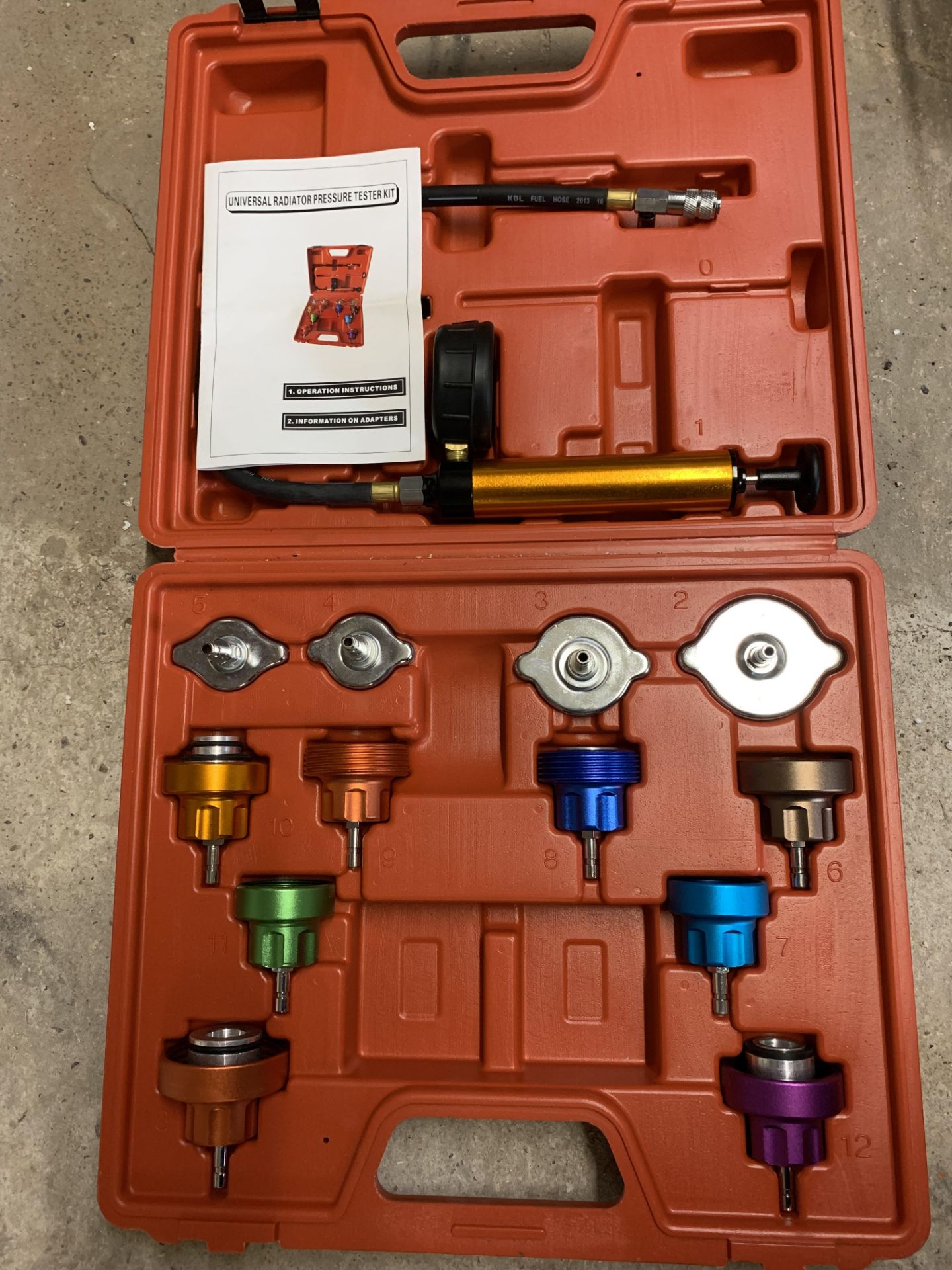 Cased universal pressure radiator testing kit