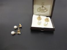 2 Paar Ohrringe mit Perlen u. Diamanten GG 585/750