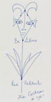 Jean Cocteau Ex Libris Paul Ultsch (Blume mit Gesicht). Orig.-Zeichnung (blauer Kugelschreiber),
