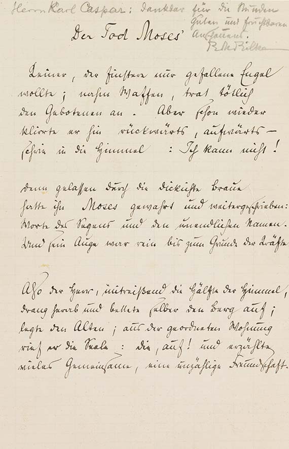 Rainer Maria Rilke 'Nur eine kleine Sache!' Eigenhändiges Gedicht Der Tod Moses' mit Widmung an Karl