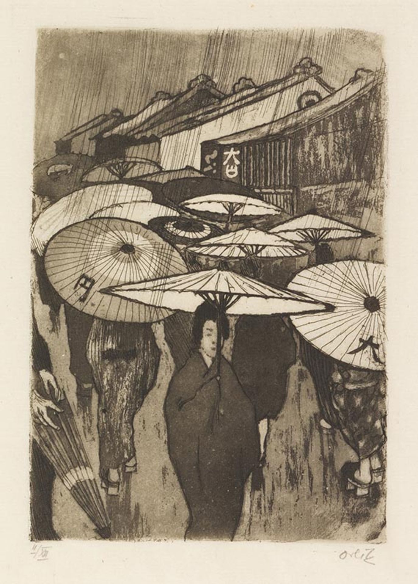 Emil Orlik Regentag in Kyoto. Orig.-Aquatintaradierung. Signiert und numeriert. 1902. Druck in