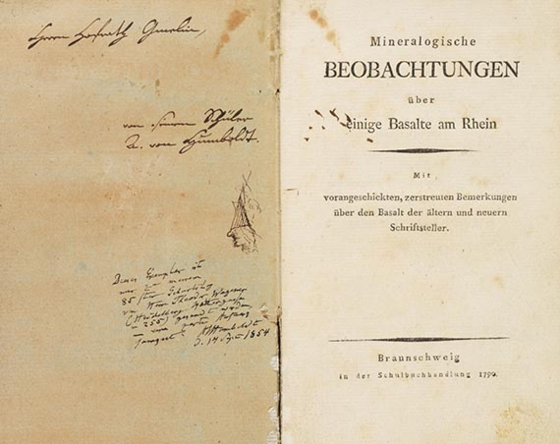 Alexander von Humboldt Widmungsexemplar Mineralogische Beobachtungen über einige Basalte am Rhein.