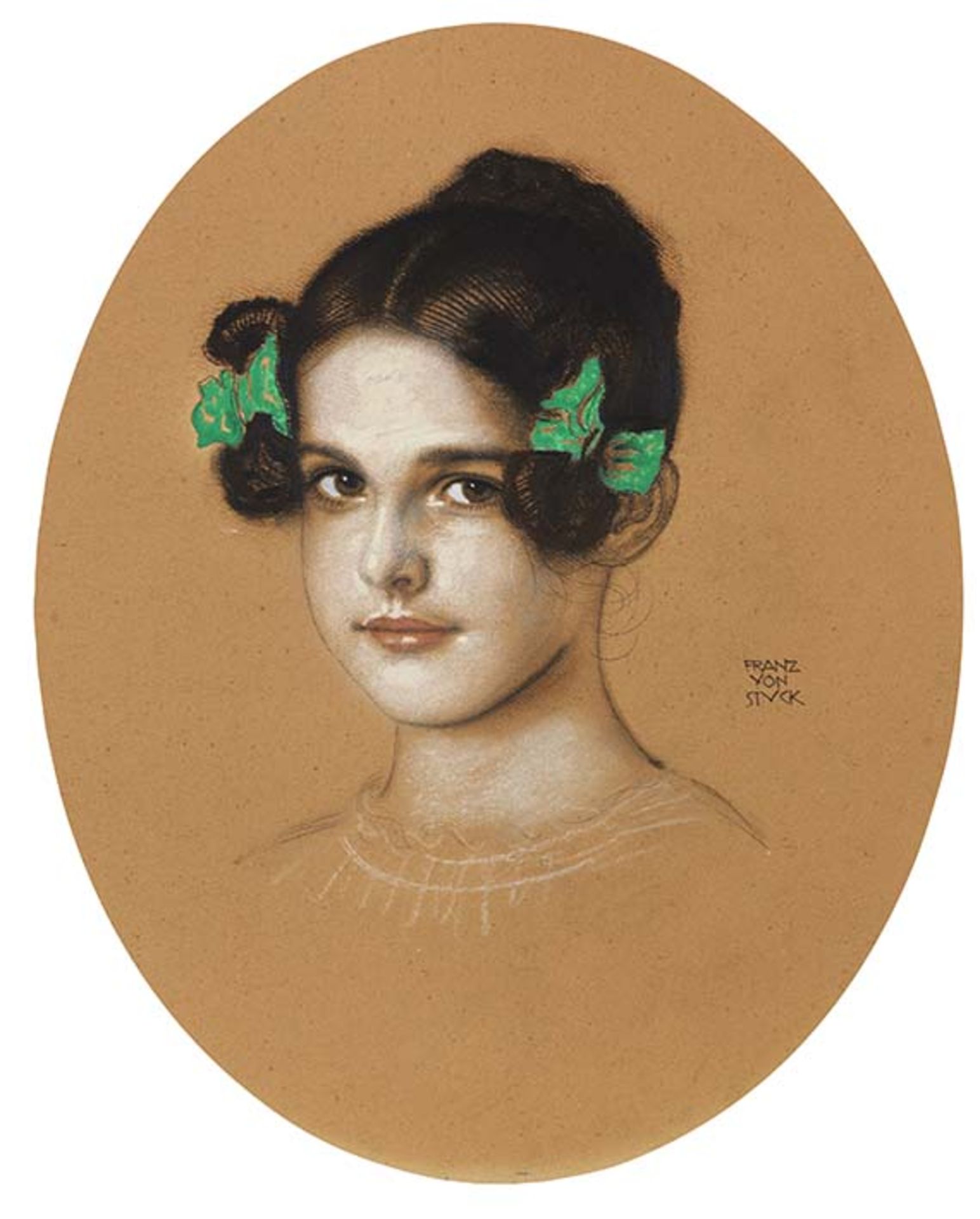 Franz von Stuck 1863 Tettenweis - 1928 München Bildnis der Tochter Mary mit grünen Schleifen. Um